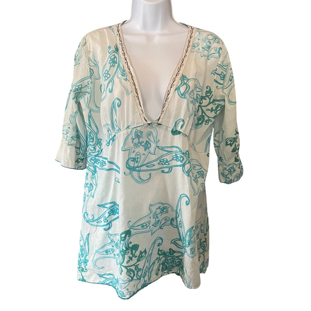 Peppermint Bay‎ Women Babydoll Paisley Cotton Embroidered Tunic Top M Resortwear